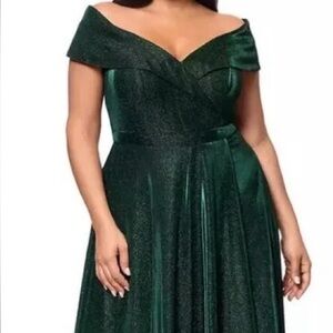 Xscape Glittering Green Off-Shoulder Maxi Dress